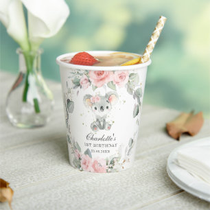 Cute Koala Pink Floral Sage Greenery Birthday Paper Cups