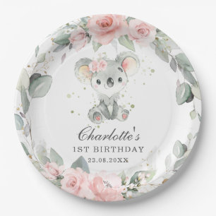 Cute Koala Pink Floral Sage Greenery Birthday Paper Plate