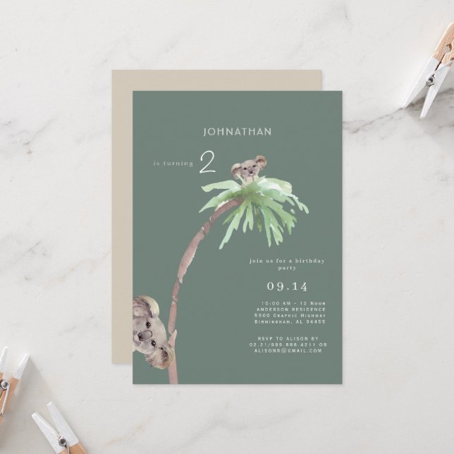 Cute Koala Sage Anniversaire Fête Invitation (Devant/Arrière en situation)