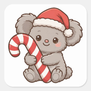 Cute Koala Santa Hat Candy Cane Christmas Sticker