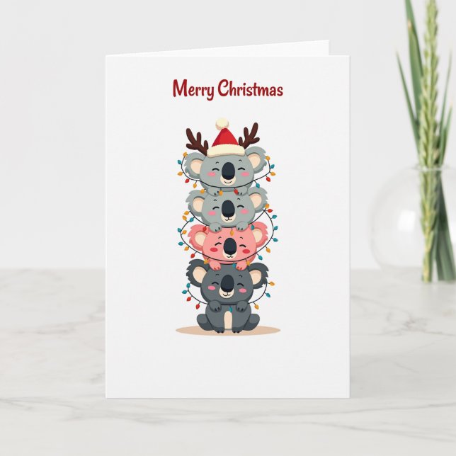 Cute Koala Stack Christmas Lights and Santa Card (Front)