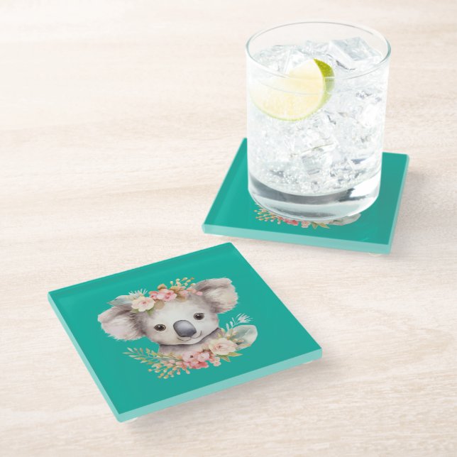 Cute Koala Teal Glass Coaster (Angled)