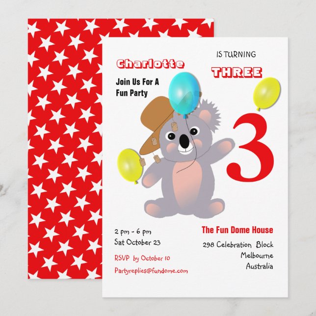 Cute Koala Teddy Bear Birthday Party Invite (Front/Back)