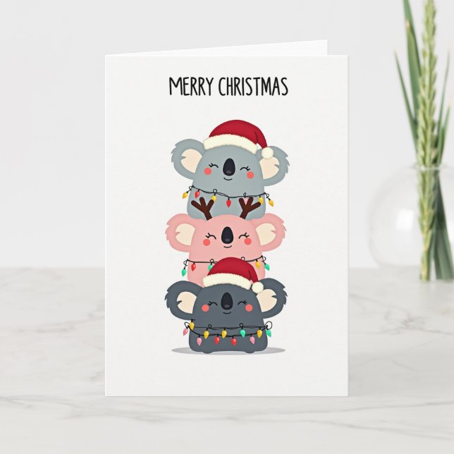 Cute Koala Tower Christmas Card with Santa Hats (Front)