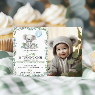 Cute Koala Vert Anniversaire Photo Invitation