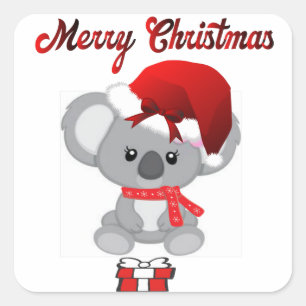 Cute koala with a santa klaus hat climbing    square sticker