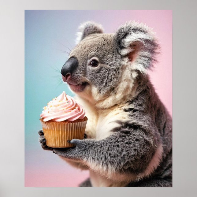 Cute Koala With Cupcake Pastel Gradient Poster (Front)