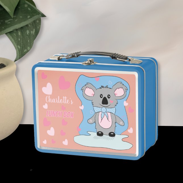 Cute Koala With Hearts Girl Metal Lunchbox (Cute koala with heart kid metal lunchbox with name .)