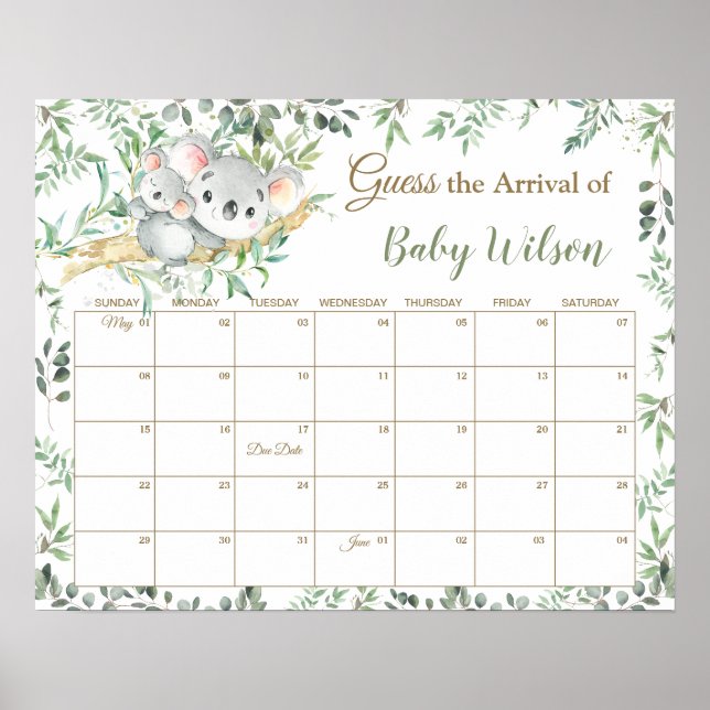 Cute Koalas Greenery Guess Baby's Due Date Game  Poster (Front)