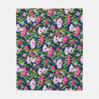 Cute Koalas Pale Lilac on Pink Eucalyptus Flowers Fleece Blanket