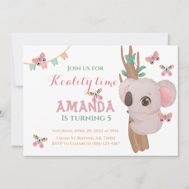 Cute koality time koala bear pink teal tree animal invitation (Front)