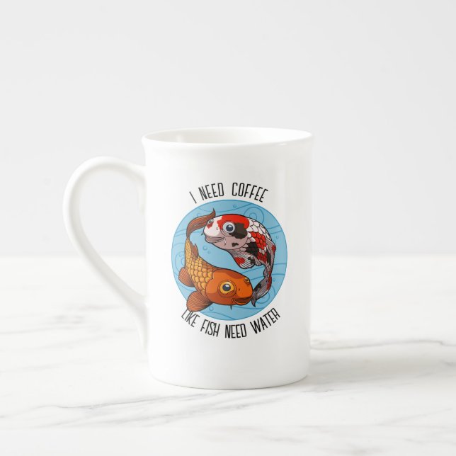 Cute Koi Carp I Need Coffee Like Fish Need Water Bone China Mug (Left)