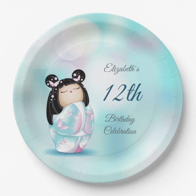 Cute Kokeshi Doll | Girl´s Birthday  Paper Plate (Front)
