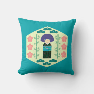 Cute Kokeshi Doll Hexagon Pattern Throw Pillow