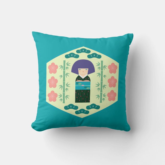 Cute Kokeshi Doll Hexagon Pattern Throw Pillow (Front)