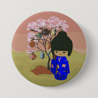 Cute kokeshi Doll with cherry blossom tree 3 Inch Round Button