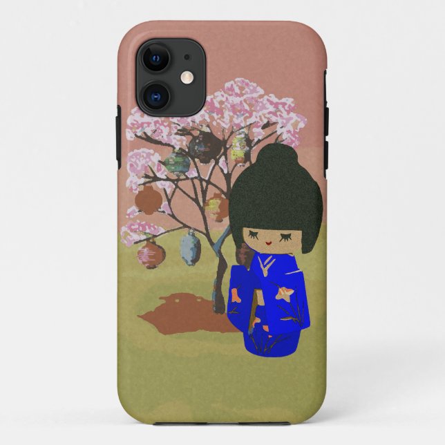 Cute kokeshi Doll with cherry blossom tree Case-Mate iPhone Case (Back)