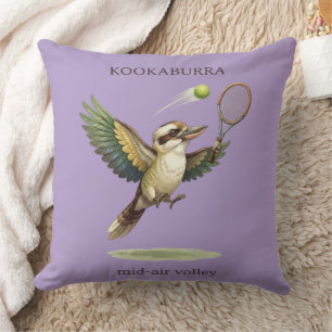 Cute Kookaburra Playing Tennis Mid-Air Volley  Throw Pillow