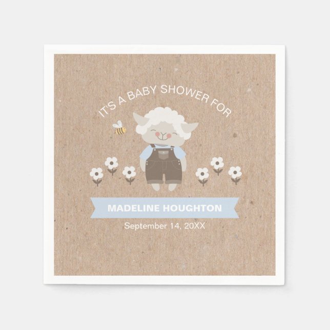 Cute Kraft Blue Lamb Boy Baby Shower Napkin (Front)