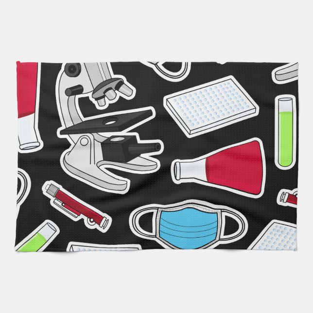 Cute Lab Pattern Black Background Kitchen Towel (Horizontal)