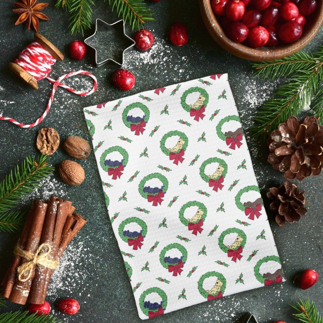 Cute Lab Puppy Holiday Wreaths Pattern Kitchen Towel (Creator Uploaded)