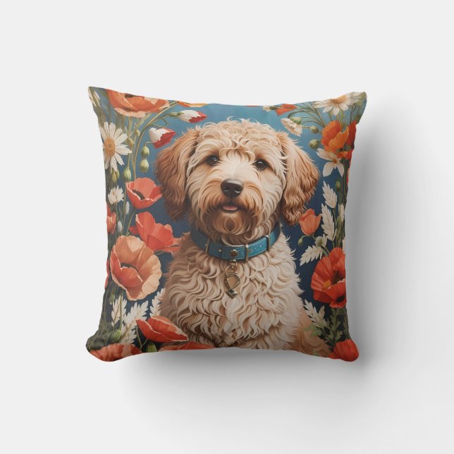 Cute Labradoodle Daisy And Poppy Flower Throw Pillow (Front)