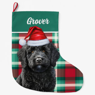 Cute Labradoodle Holiday Plaid Personalized Large Christmas Stocking