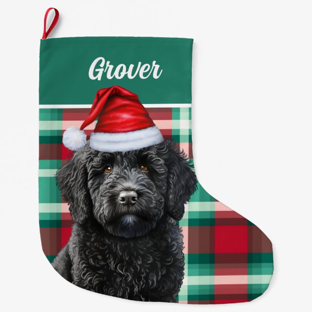 Cute Labradoodle Holiday Plaid Personalized Large Large Christmas Stocking (Front)
