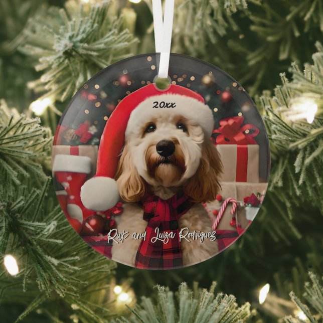 Cute Labradoodle with Santa Hat Glass Ornament (Insitu)