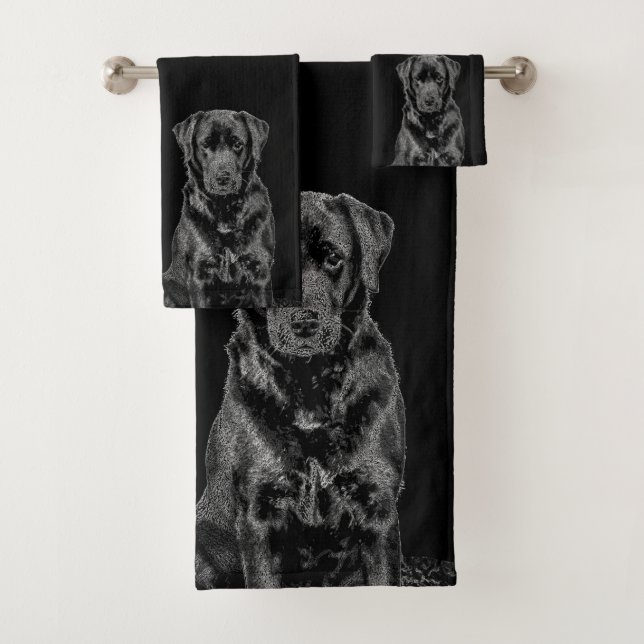 Cute Labrador Black Dog Puppy Pet Sketch Bath Towel Set (Insitu)