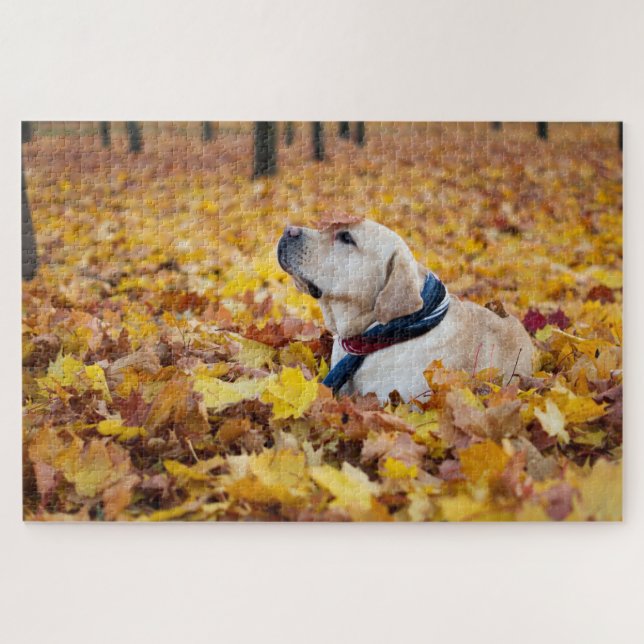 Cute Labrador Dog In Fall Leaves Jigsaw Puzzle (Horizontal)