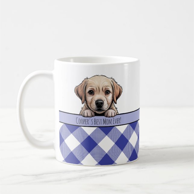 Cute Labrador Puppy Best Dog Mom Dark Blue Gingham Coffee Mug (Left)
