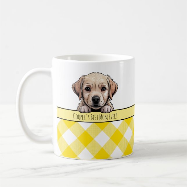 Cute Labrador Puppy Best Dog Mom Yellow Gingham Coffee Mug (Left)