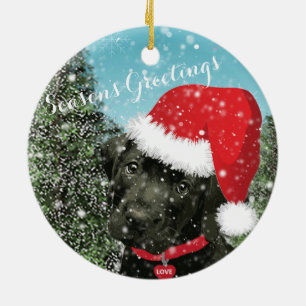 Cute Labrador Puppy Santa Hat Season's Greetings Ceramic Ornament