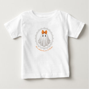 Cute Lace Ghost with Orange Bow W/ Lace Border Baby T-Shirt