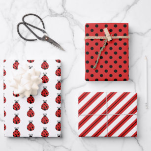 Cute Lady Bugs Polka Dots Stripes Wrapping Paper Sheet