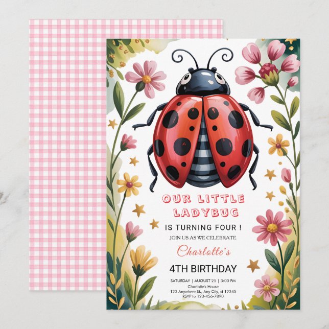 Cute Ladybug 4th Birthday Party Invitation (Front/Back)