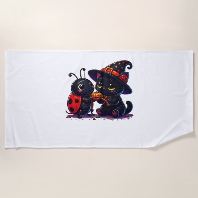 Cute Ladybug and Black Cat Halloween Classic T-Shi Beach Towel (Front)