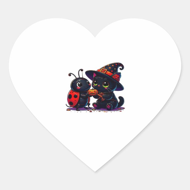 Cute Ladybug and Black Cat Halloween Classic T-Shi Heart Sticker (Front)