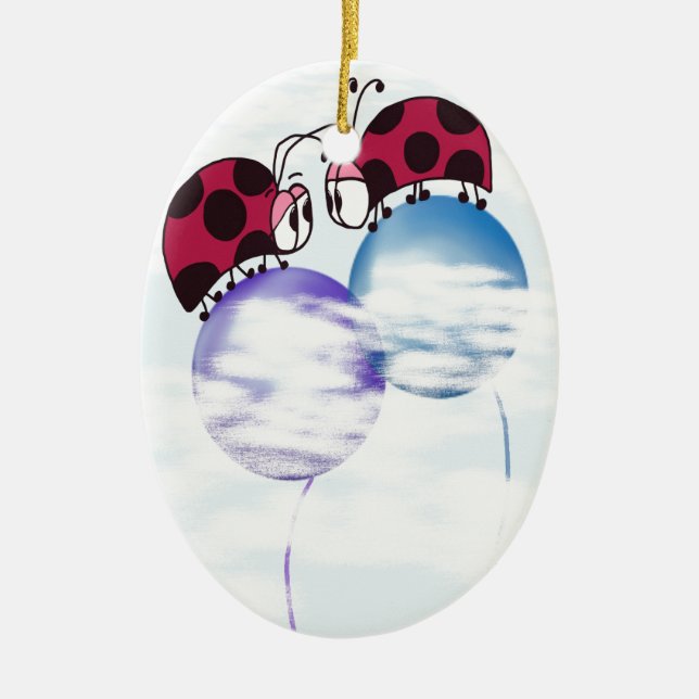 Cute Ladybug And Colorful Balloons Cartoon Ceramic Ornament (Front)