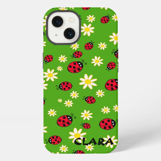 cute ladybug and daisy flower pattern green iPhone case (Back)