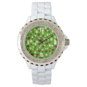 cute ladybug and daisy flower pattern green watch