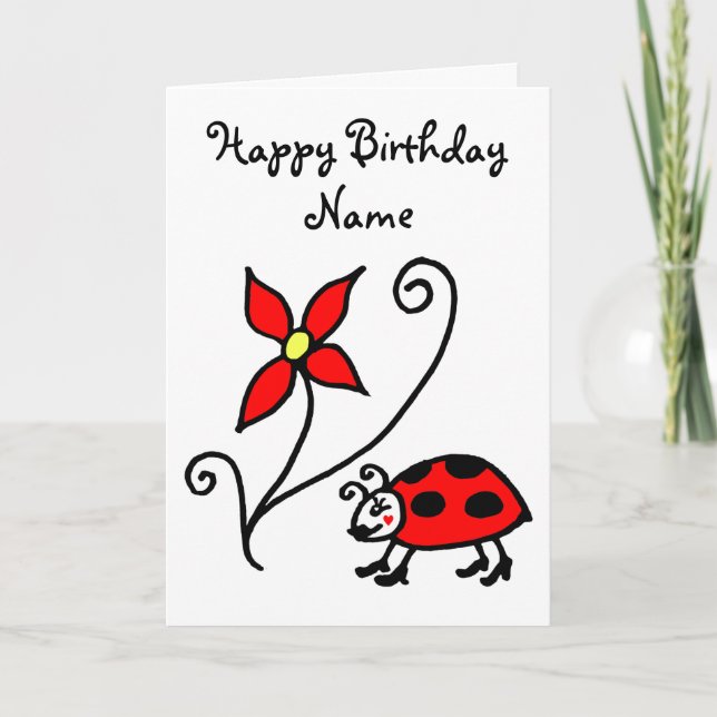 Cute Ladybug and Flower Birthday Card (Front)