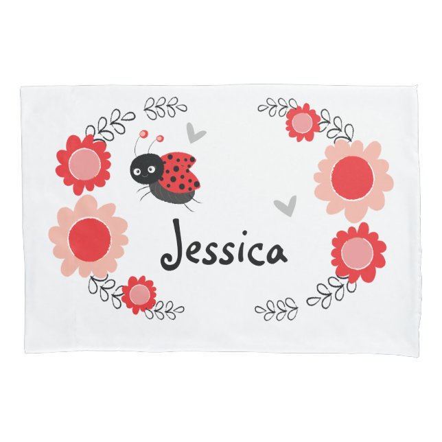 Cute Ladybug and Flowers Red and Black Pillowcase (Front)