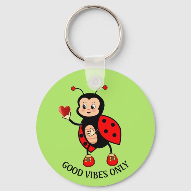 Cute Ladybug and Heart on Green Keychain (Front)
