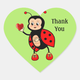 Cute Ladybug and Heart on Green Thank You Heart Sticker