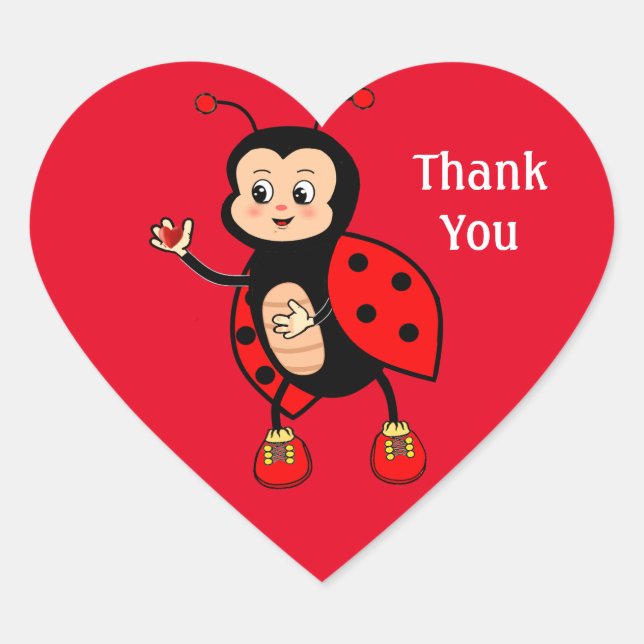 Cute Ladybug and Heart on Red Thank You Heart Sticker (Front)