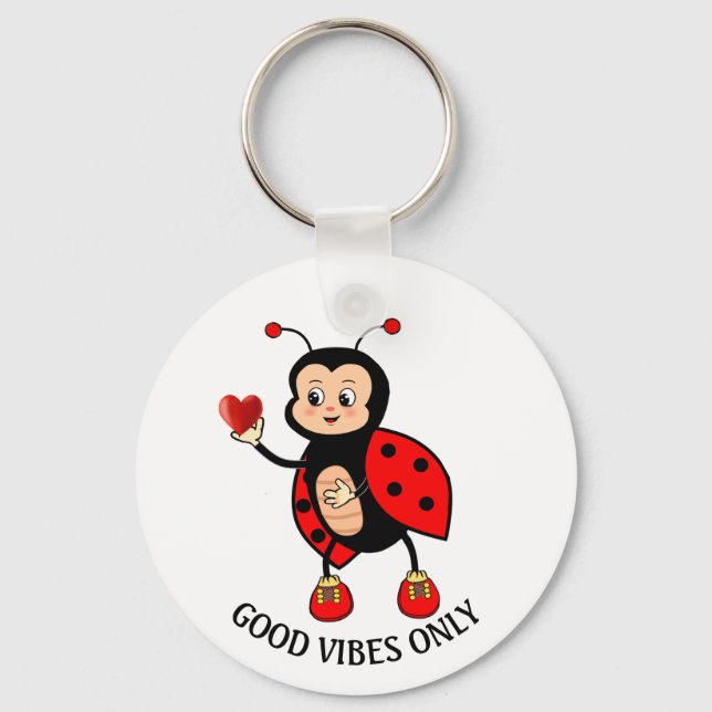 Cute Ladybug and Heart on White Keychain (Front)
