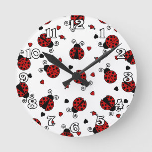 Cute Ladybug and Hearts Pattern Round Clock
