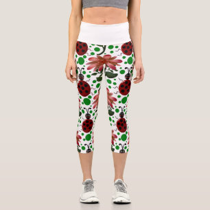 Cute Ladybug and Pink Flower Pattern Hand Drawn Capri Leggings